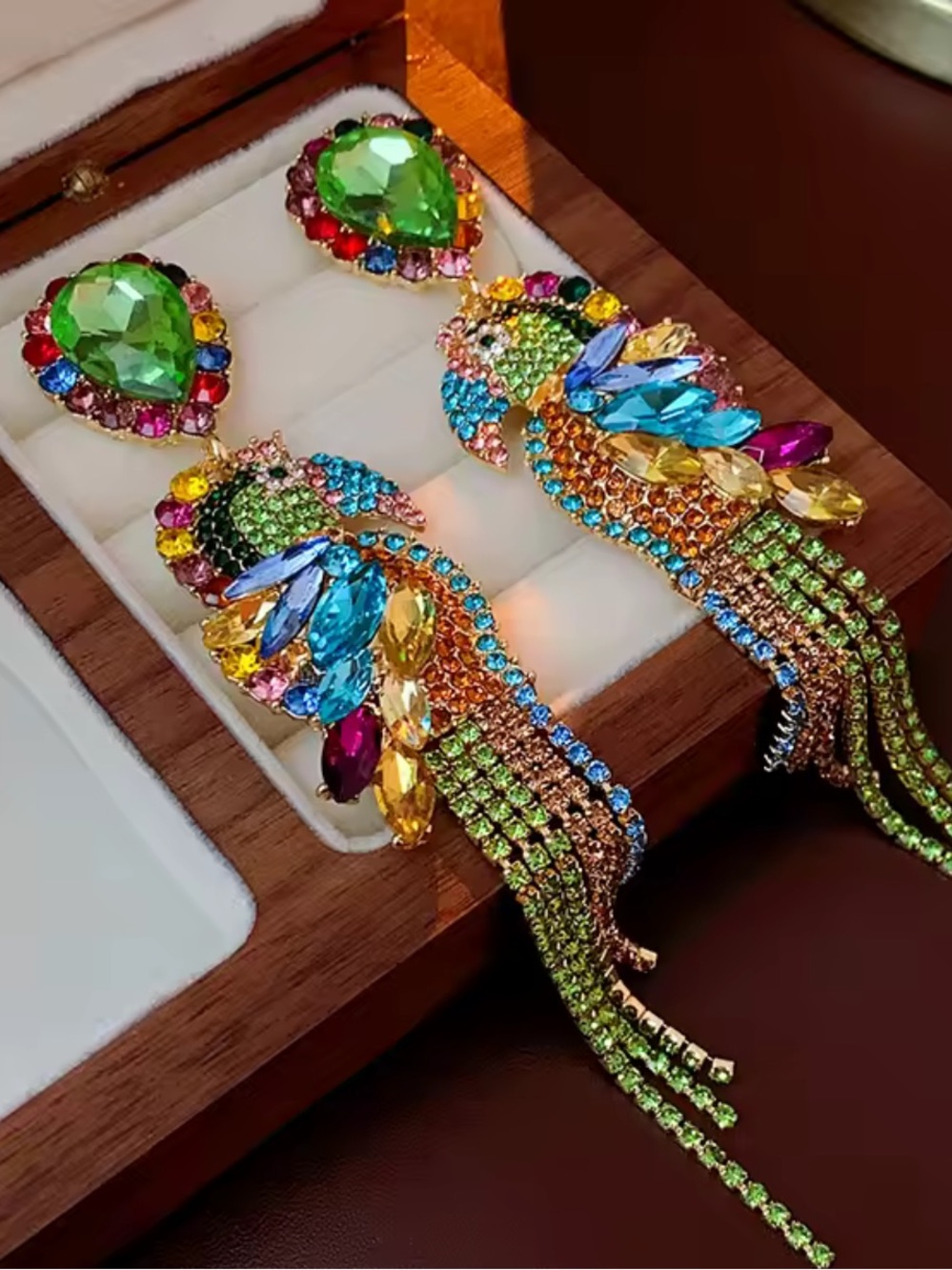 Statement Crystal Parrot Earrings | Colorful Rhinestone Drop / Tropical Jewelry - Picture 5 of 6